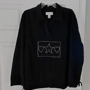 CJ Banks Navy Blue Cotton Winter Cozy Plus Hearts Corduroy Look Top. Sz 14W. (X)